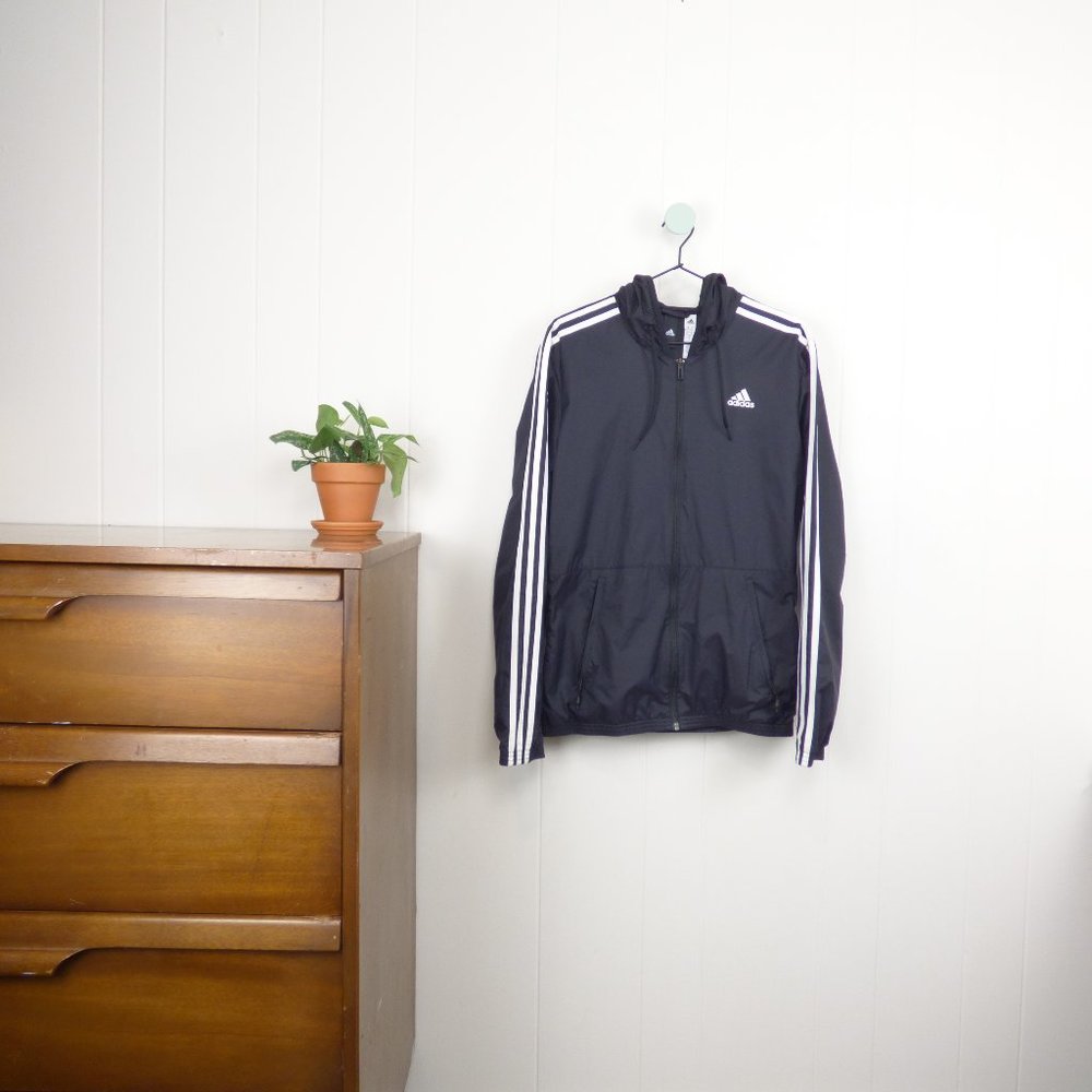 Adidas 3 Stripe Full Zip Hooded Windbreaker Jacket